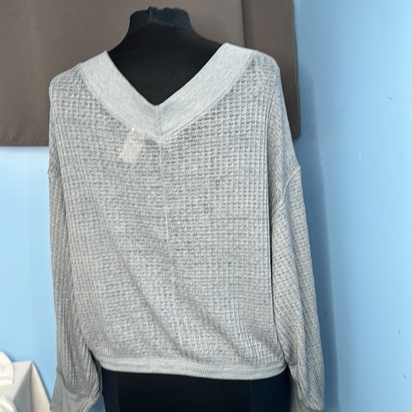 We The Free | Free People Grey Waffle Knit V Neck Long Sleeve Shirt - Picture 3 of 6